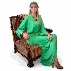 Vintage HALSTON 1970s Green Jersey Caftan Dress * One Size Fits Most